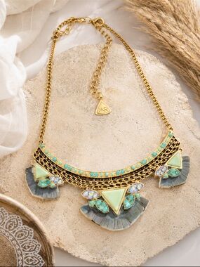 XR Gold Tone Turquoise Opalescent Boho Bib Necklace Festival Statement Jewelry